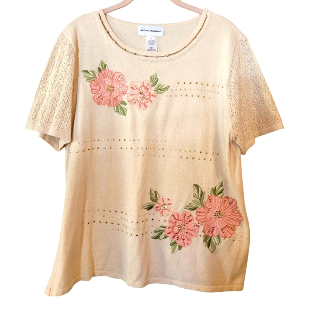 Alfred Dunner Cream Floral Embroidered Top Size XL